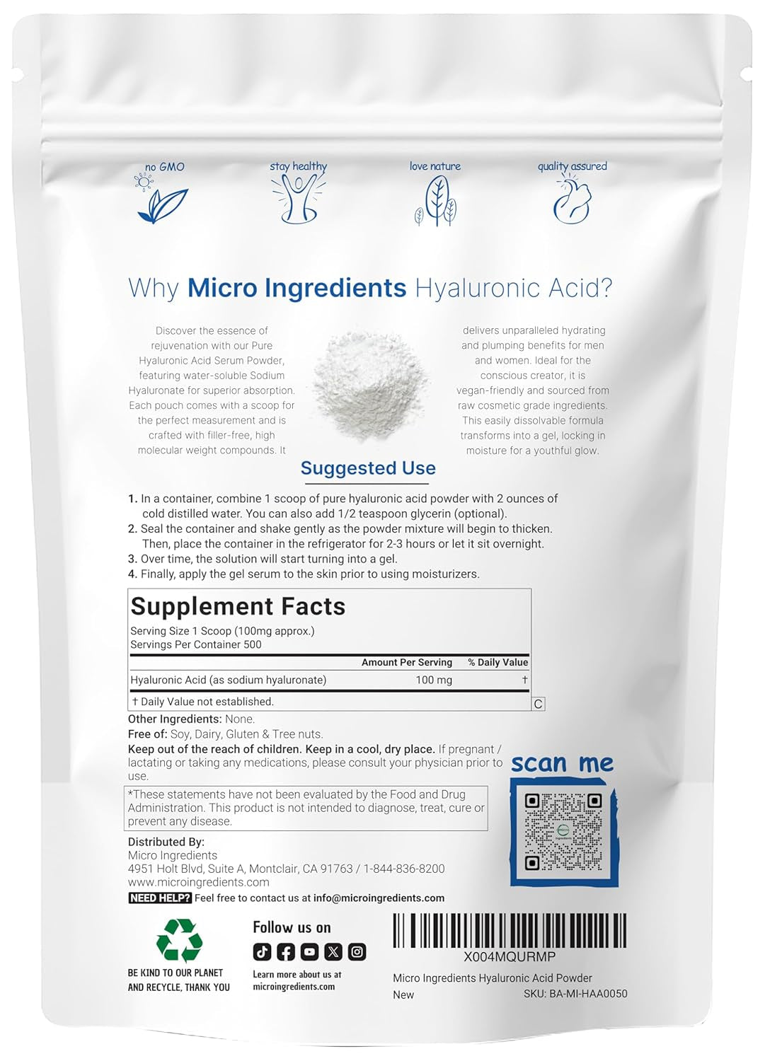 Hyaluronic Acid Serum Powder, 50 Grams | Low Molecular Weight, Cosmetics Grade | Skin Hydration and Moisture Support Supplements | Vegan, Water Soluble (Within 2 Hours)