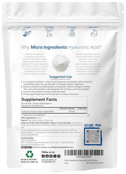 Hyaluronic Acid Serum Powder, 50 Grams | Low Molecular Weight, Cosmetics Grade | Skin Hydration and Moisture Support Supplements | Vegan, Water Soluble (Within 2 Hours)