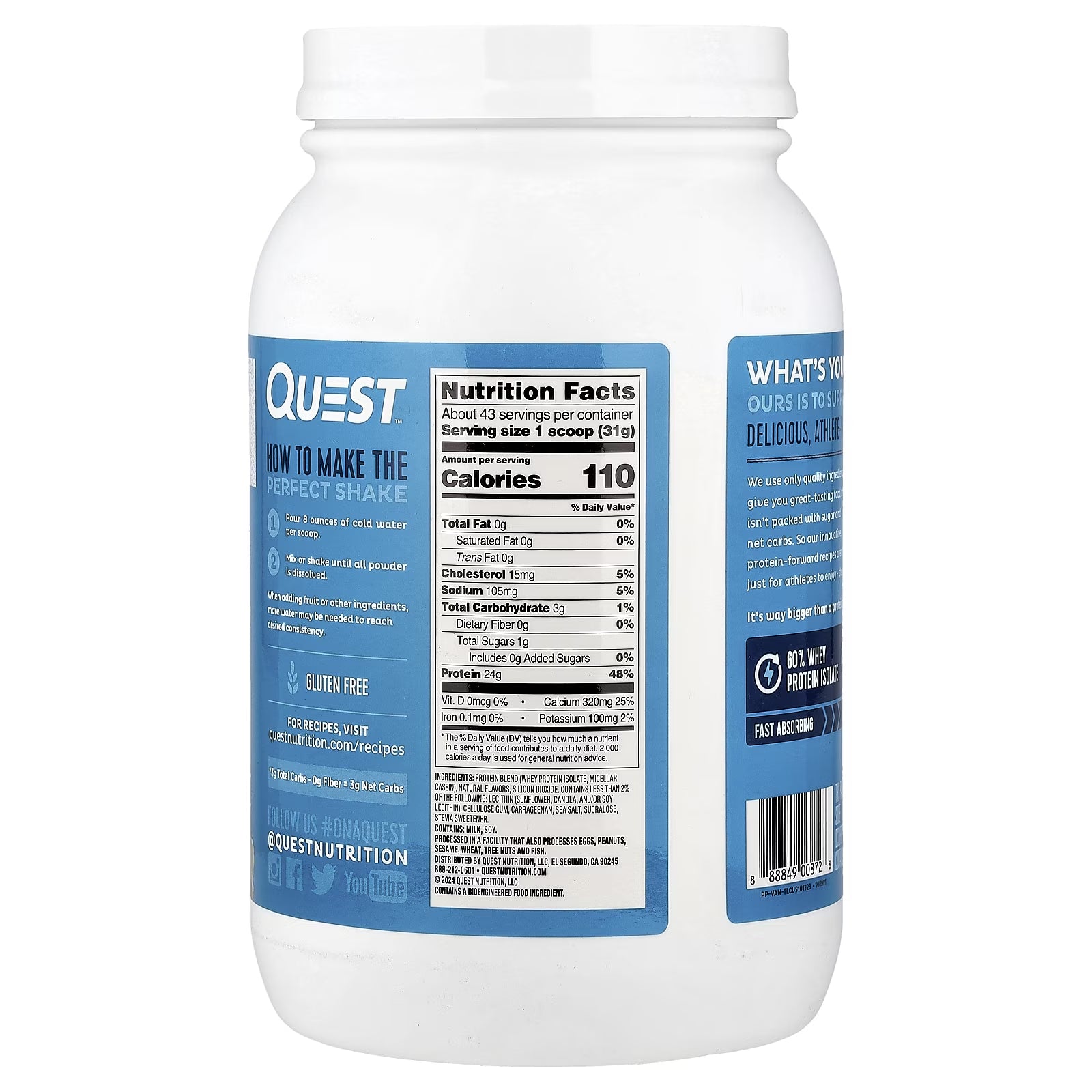 Quest Protein Powder, Vanilla Milkshake, 24G Protein, 3Lb, 48Oz