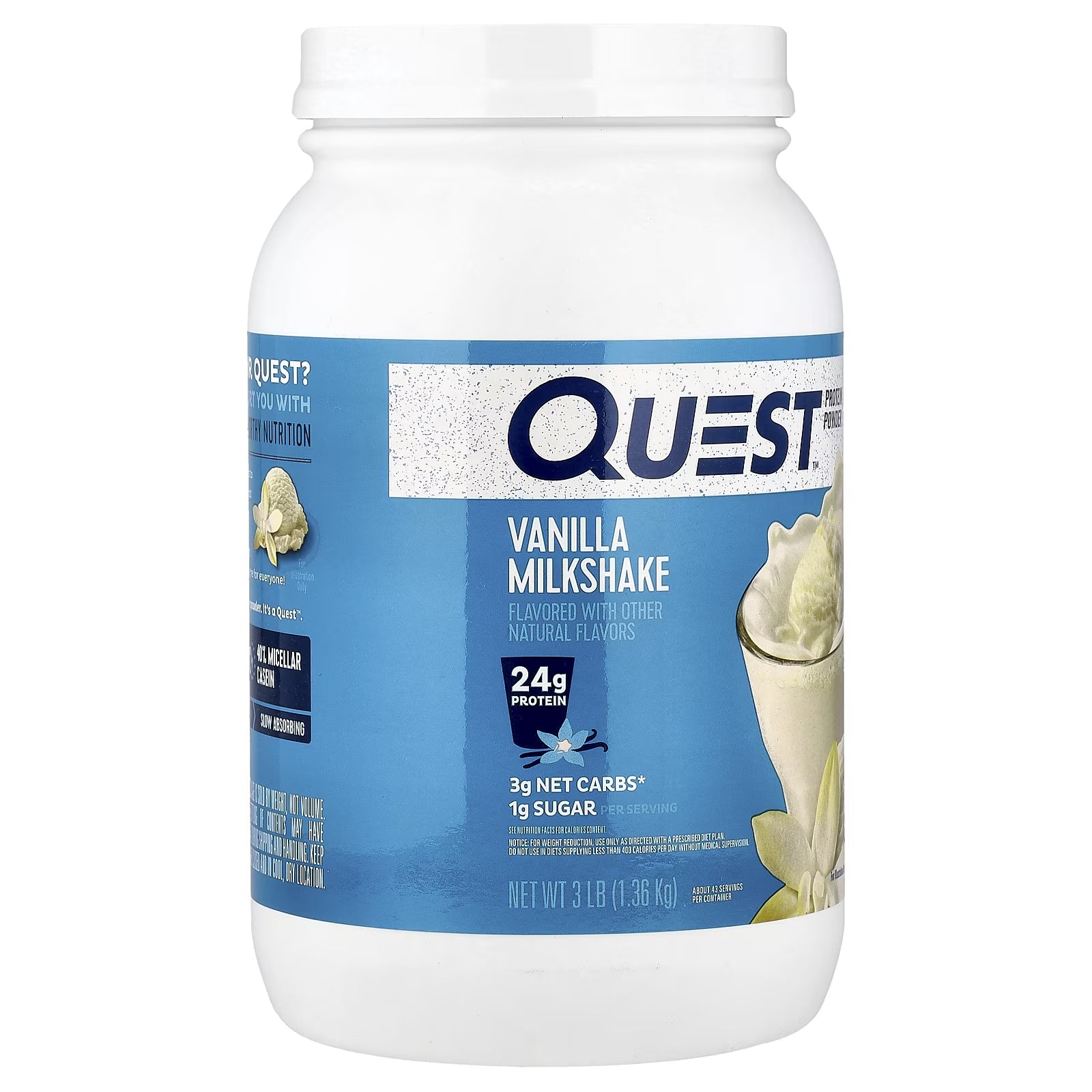 Quest Protein Powder, Vanilla Milkshake, 24G Protein, 3Lb, 48Oz