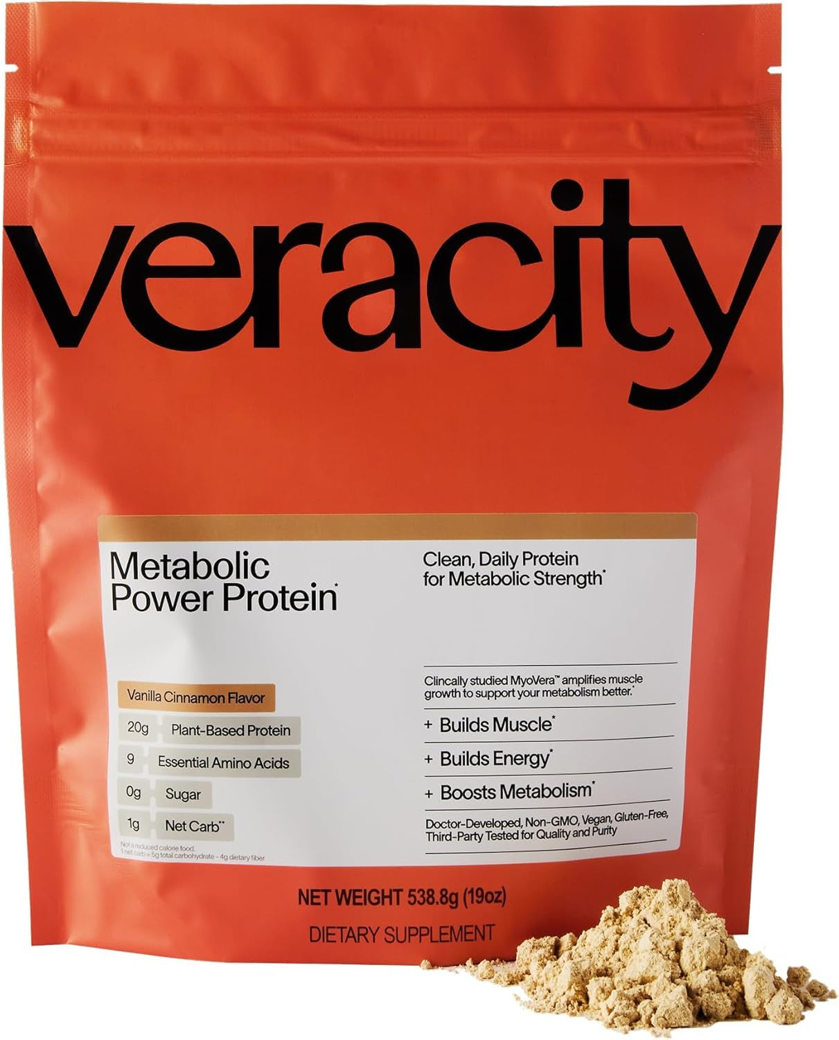 Veracity Plant-Based Protein Powder - Vanilla Cinnamon - Myovera for Smarter Protein Utilization - Organic, Sugar Free Protein for Metabolic Health - 15 Servings (20G Protein/Serving)
