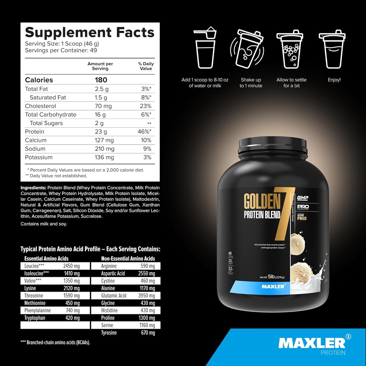 Golden 7 Protein Blend - Protein Powder for Muscle Gain & Recovery - Vanilla Protein Powder 5 Lb