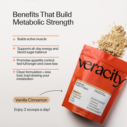 Veracity Plant-Based Protein Powder - Vanilla Cinnamon - Myovera for Smarter Protein Utilization - Organic, Sugar Free Protein for Metabolic Health - 15 Servings (20G Protein/Serving)