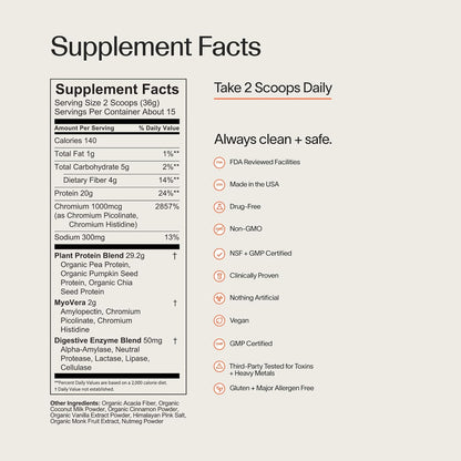 Veracity Plant-Based Protein Powder - Vanilla Cinnamon - Myovera for Smarter Protein Utilization - Organic, Sugar Free Protein for Metabolic Health - 15 Servings (20G Protein/Serving)