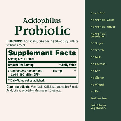 Lactobacillus Acidophilus Probiotic Supplement - Daily Probiotic for Women/Men Digestive Health, 100 Million Organisms, Vegetarian, 1 Serving per Day, 120 Tablets